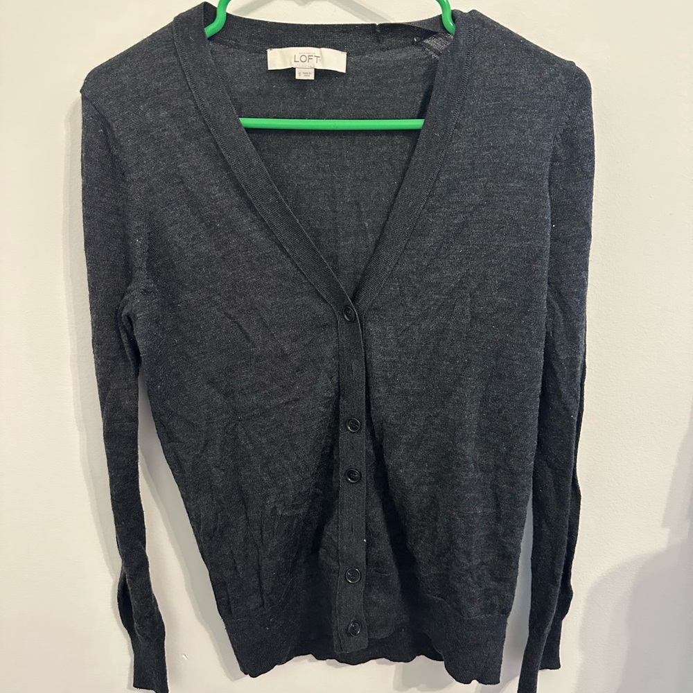 LOFT Dark Charcoal Gray V-Neck Button Cardigan
